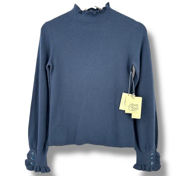 Margaret O'Leary Sweaters - Margaret O'Leary Leila Button Cuff Ruffled Mock Neck Sweater Sz S Slate Blue